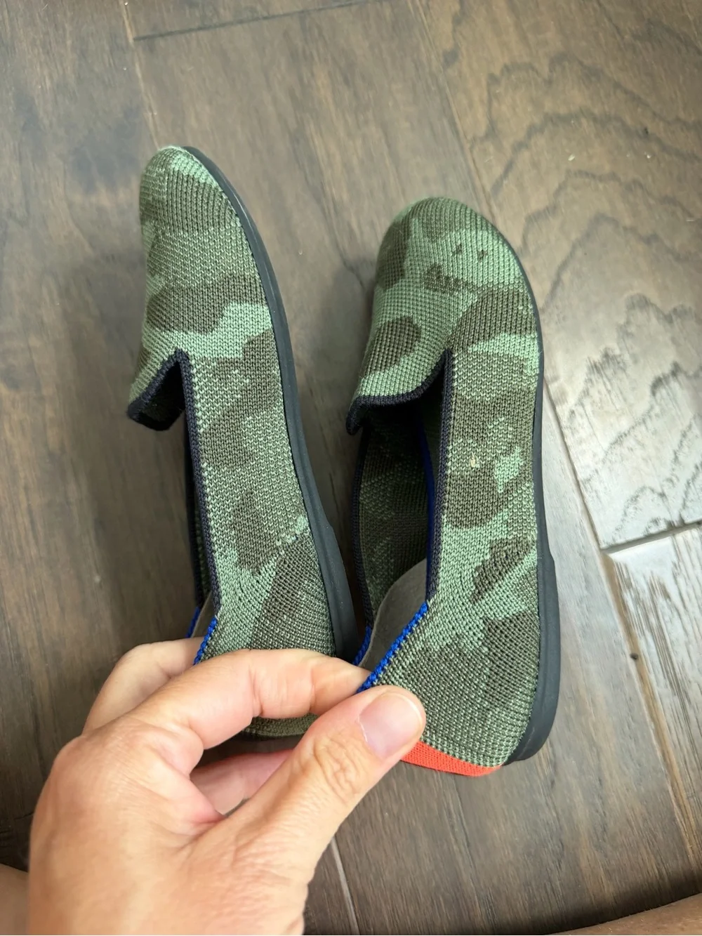 Rothy's Kids Camo Slip-On Shoes in Green with Blue Trim